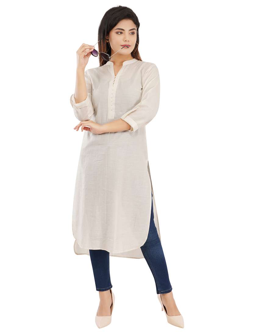off-white solid high-low kurti - 19085743 - Zoom Image - 0