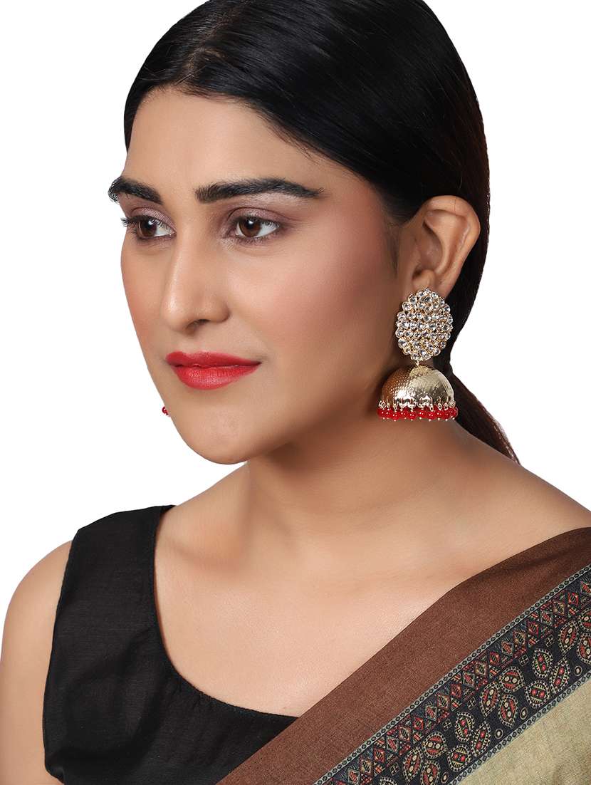 red gold plated jhumka earring - 19086329 -  Standard Image - 3
