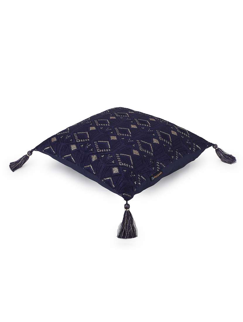Mezposh Navy Blue & Gold Harlequin Embroidered Faux Silk Cushion 