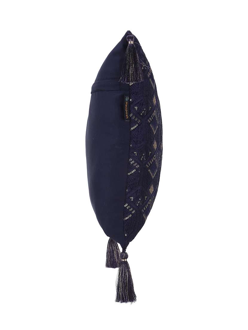 Mezposh Navy Blue & Gold Harlequin Embroidered Faux Silk Cushion 