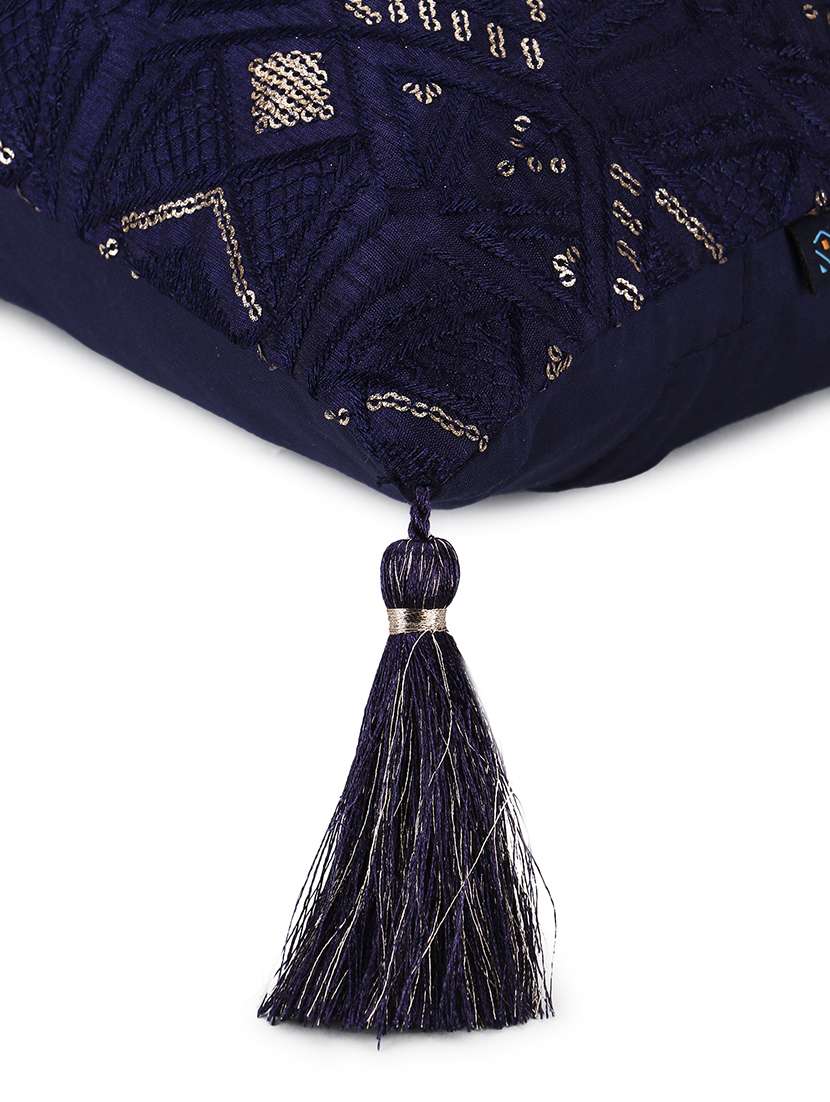 Mezposh Navy Blue & Gold Harlequin Embroidered Faux Silk Cushion 