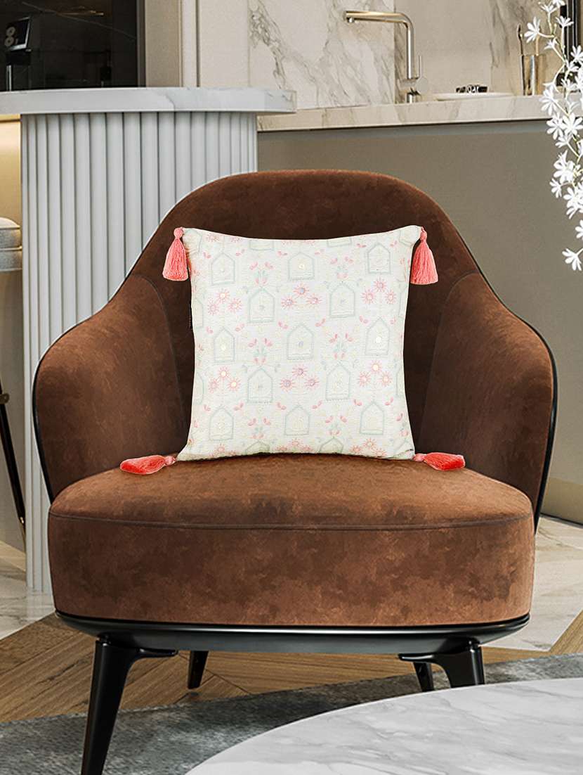 Mezposh Off White & Pastel Multi Ethnic Motifs Embroidered Faux Silk Cushion Cover (16"X16")