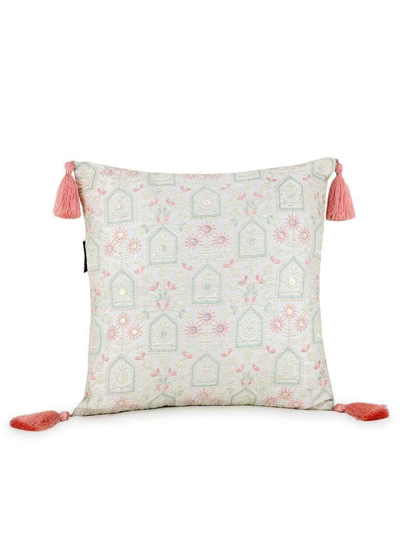 Mezposh Off White & Pastel Multi Ethnic Motifs Embroidered Faux Silk Cushion Cover (16"X16")