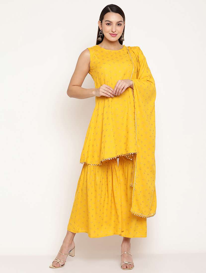yellow kurta sharara dupatta set