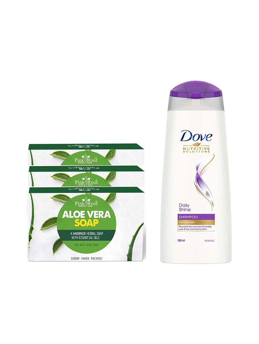 aloevera soap pack of 3 with dove daily shine shampoo 180ml