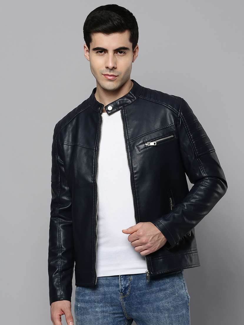 navy blue leather casual jacket