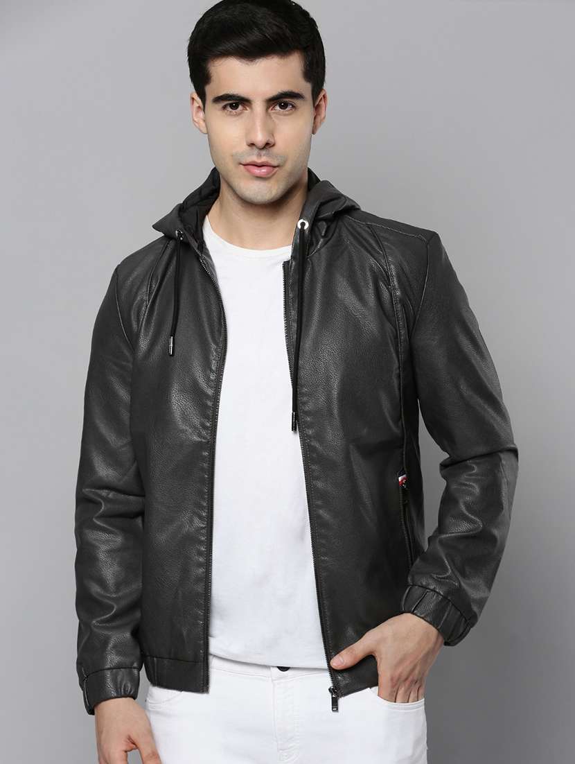 grey leather casual jacket