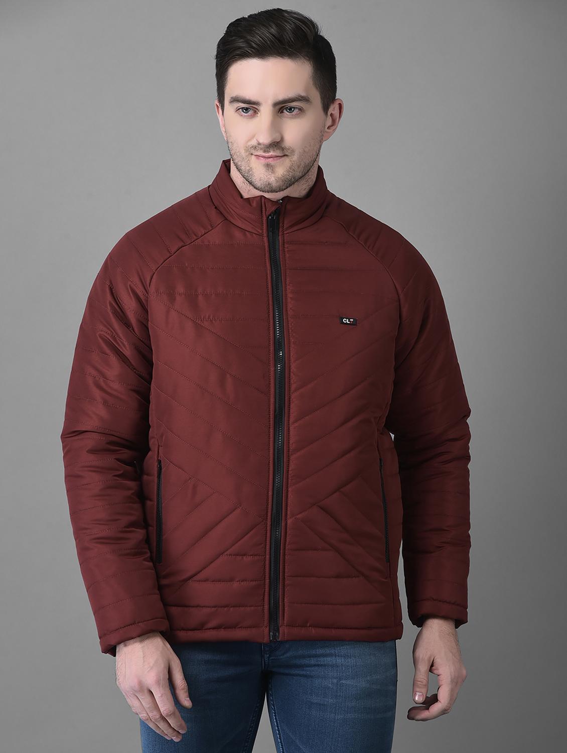 men maroon solid long sleeve quilted jacket