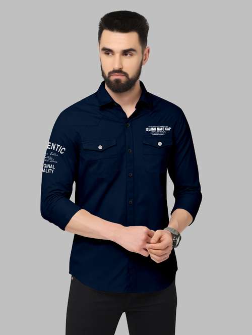 mens navy blue regular fit typography casual shirt - 19109676 - Standard Image - 0