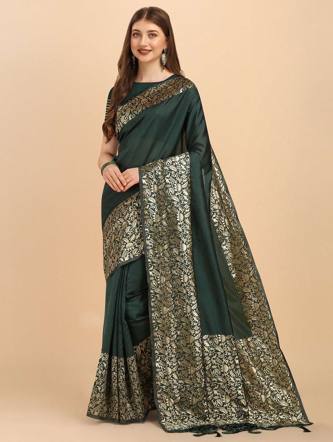 women's foil print bottle green colored saree - 19110088 -  Zoom Image - 0