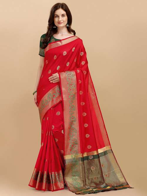 red self design woven saree with blouse - 19110117 - Standard Image - 0