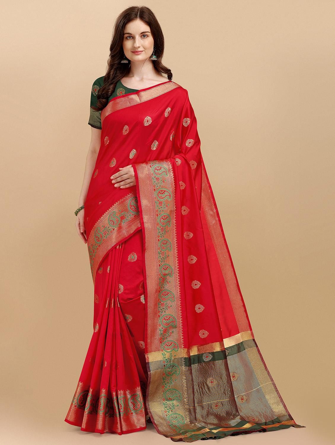 red self design woven saree with blouse - 19110117 - Zoom Image - 0