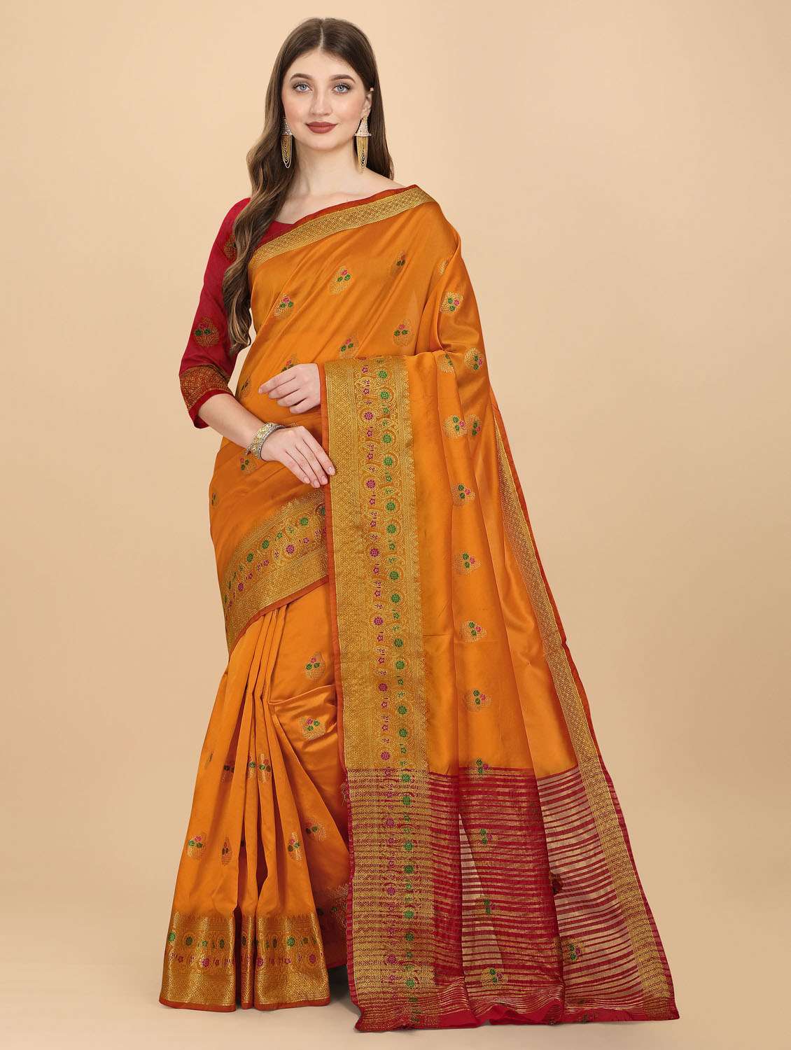 orange self design woven saree with blouse - 19110168 - Zoom Image - 0