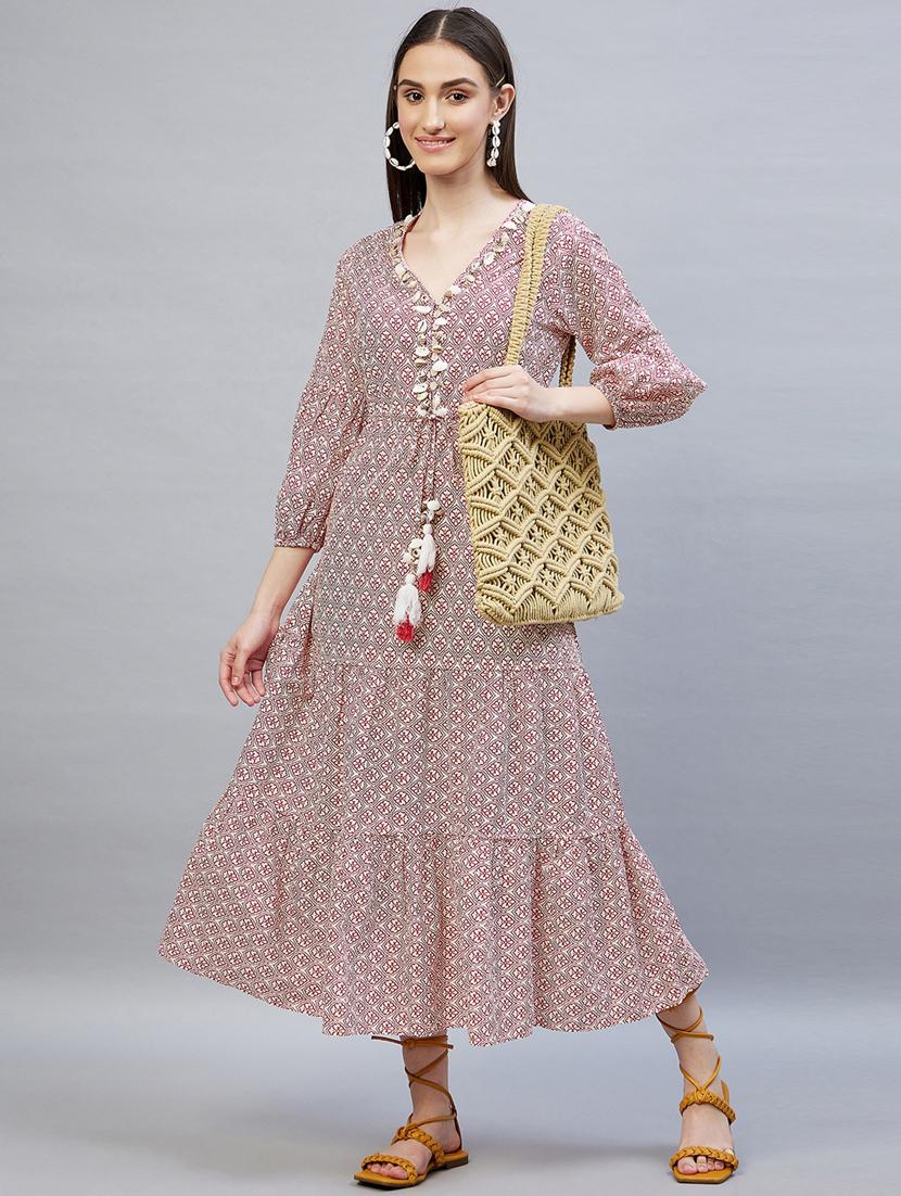 v-neck printed flared ethnic dress - 19111272 -  Zoom Image - 0