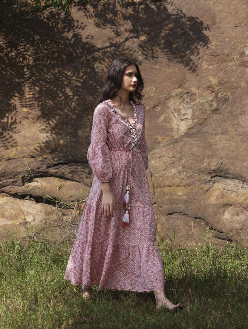 v-neck printed flared ethnic dress - 19111272 - Standard Image - 5