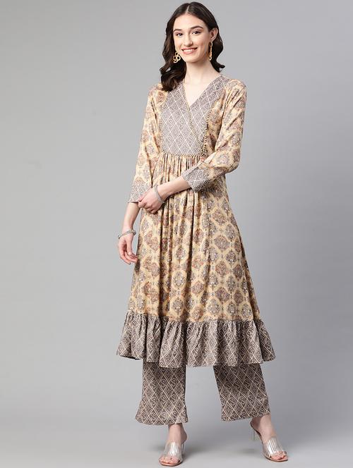 women beige printed kurta palazzo set - 19116935 -  Standard Image - 0