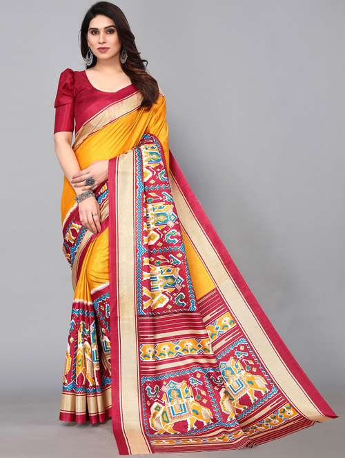 yellow silk blend patola saree with blouse - 19118527 - Standard Image - 0