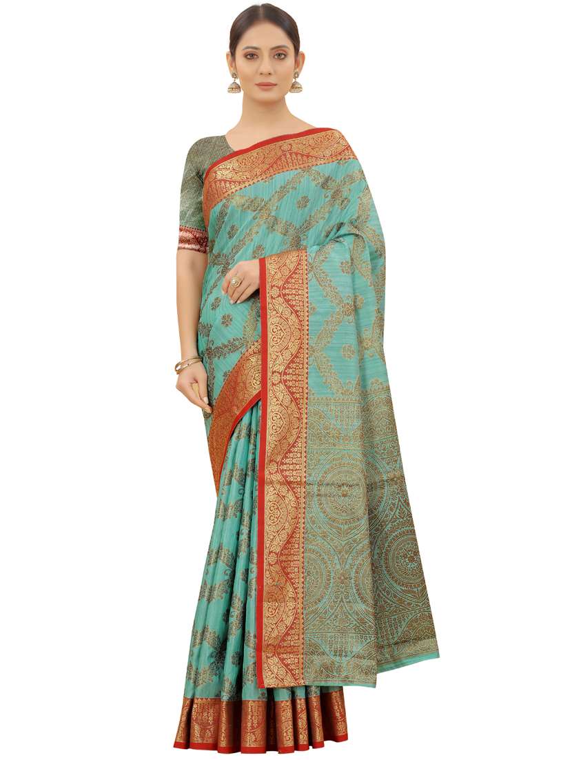 blue linen chanderi saree with blouse - 19119321 - Zoom Image - 0