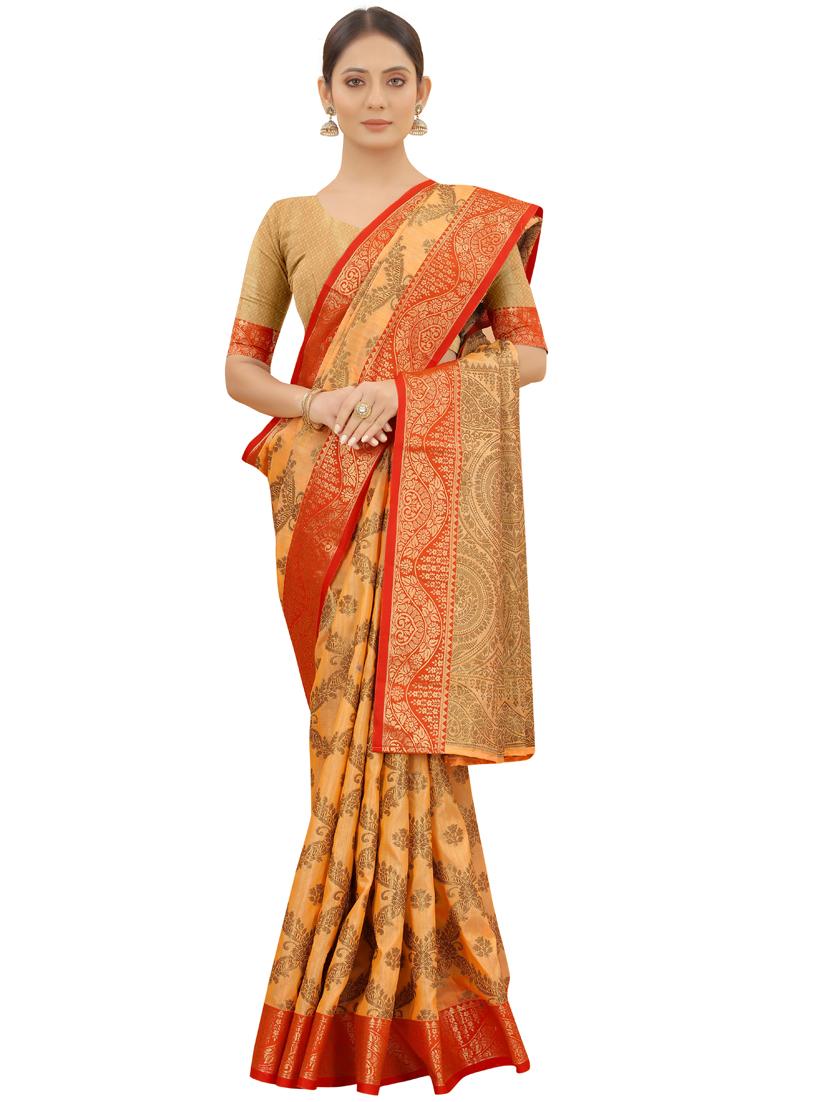 orange linen chanderi saree with blouse - 19119323 - Zoom Image - 0