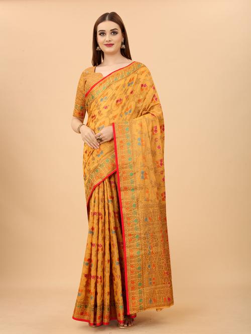 yellow chanderi saree with blouse - 19119336 - Standard Image - 0