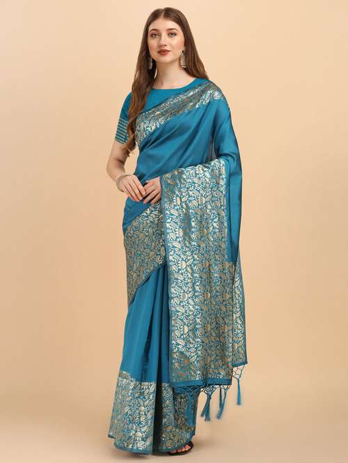 women's foil print blue colored saree - 19121650 - Standard Image - 0