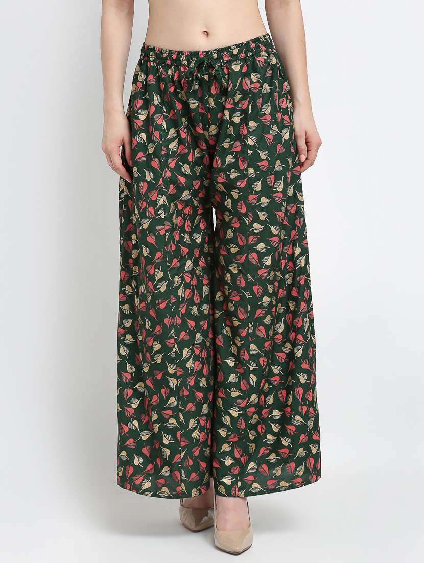 gold print rayon flared palazzo