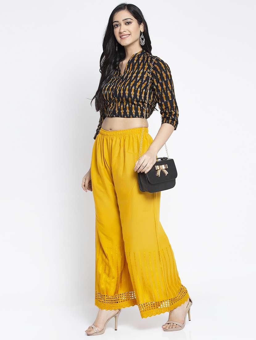 yellow rayon flared palazzo - 19125737 - Standard Image - 3
