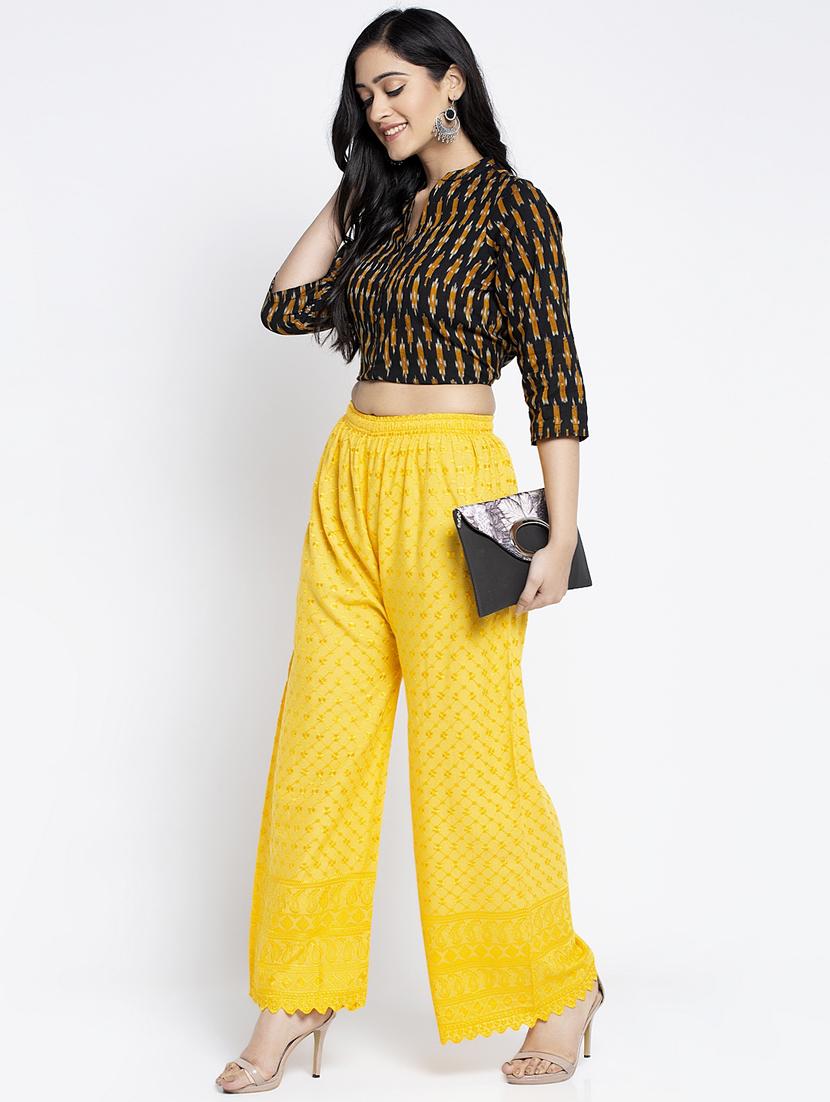 yellow cotton flared palazzo - 19125846 - Standard Image - 3