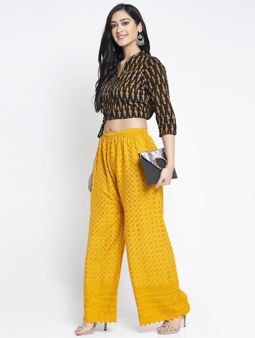 yellow embroidered straight palazzo - 19125852 - Standard Image - 3