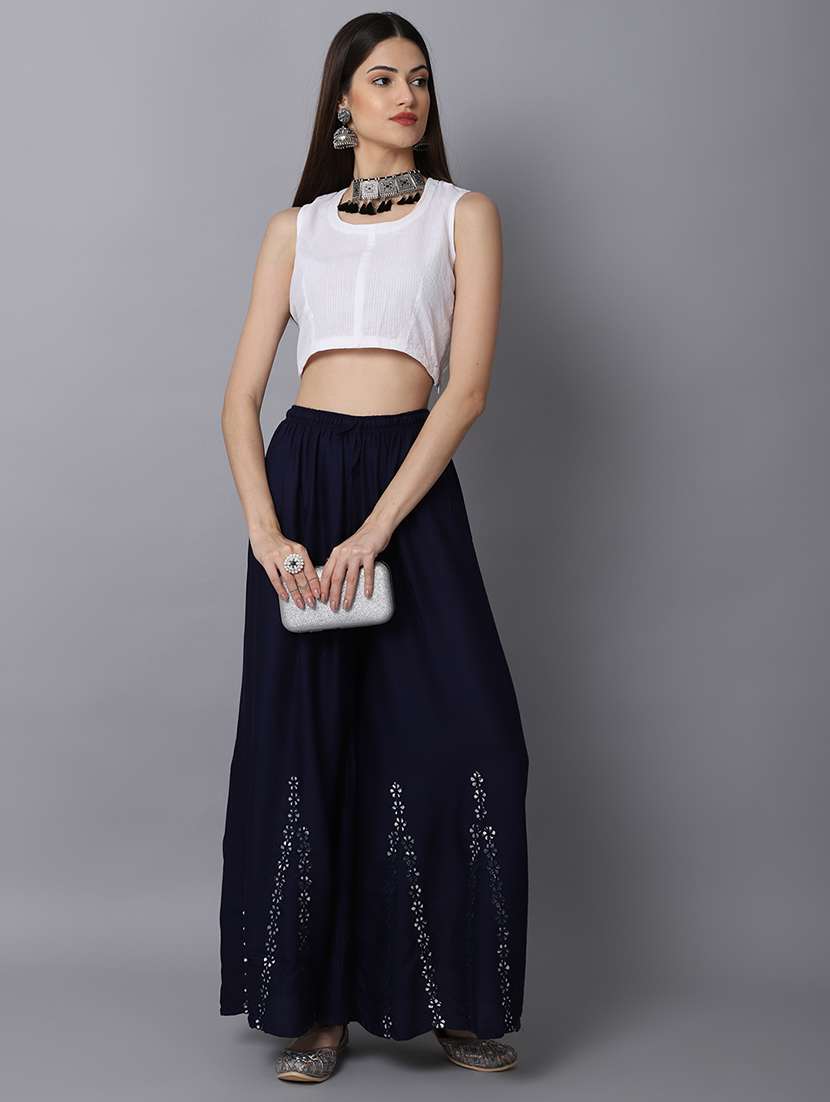 navy rayon flared palazzo - 19125963 - Standard Image - 3