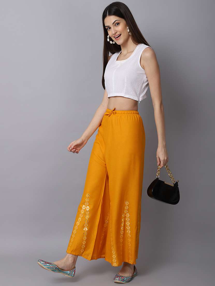 yellow rayon flared palazzo - 19125964 -  Standard Image - 3