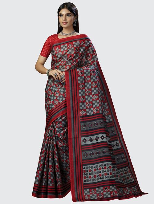 red cotton printed saree with blouse - 19126583 - Standard Image - 0