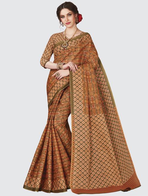 orange cotton printed saree with blouse - 19126602 - Standard Image - 0