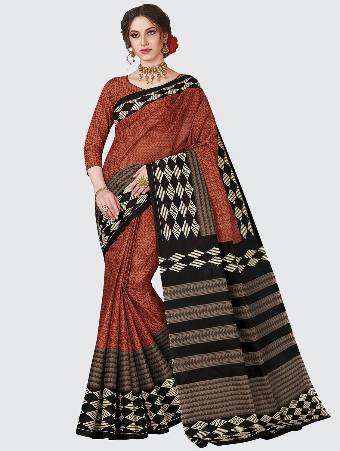 orange cotton printed saree with blouse - 19126603 - Zoom Image - 0