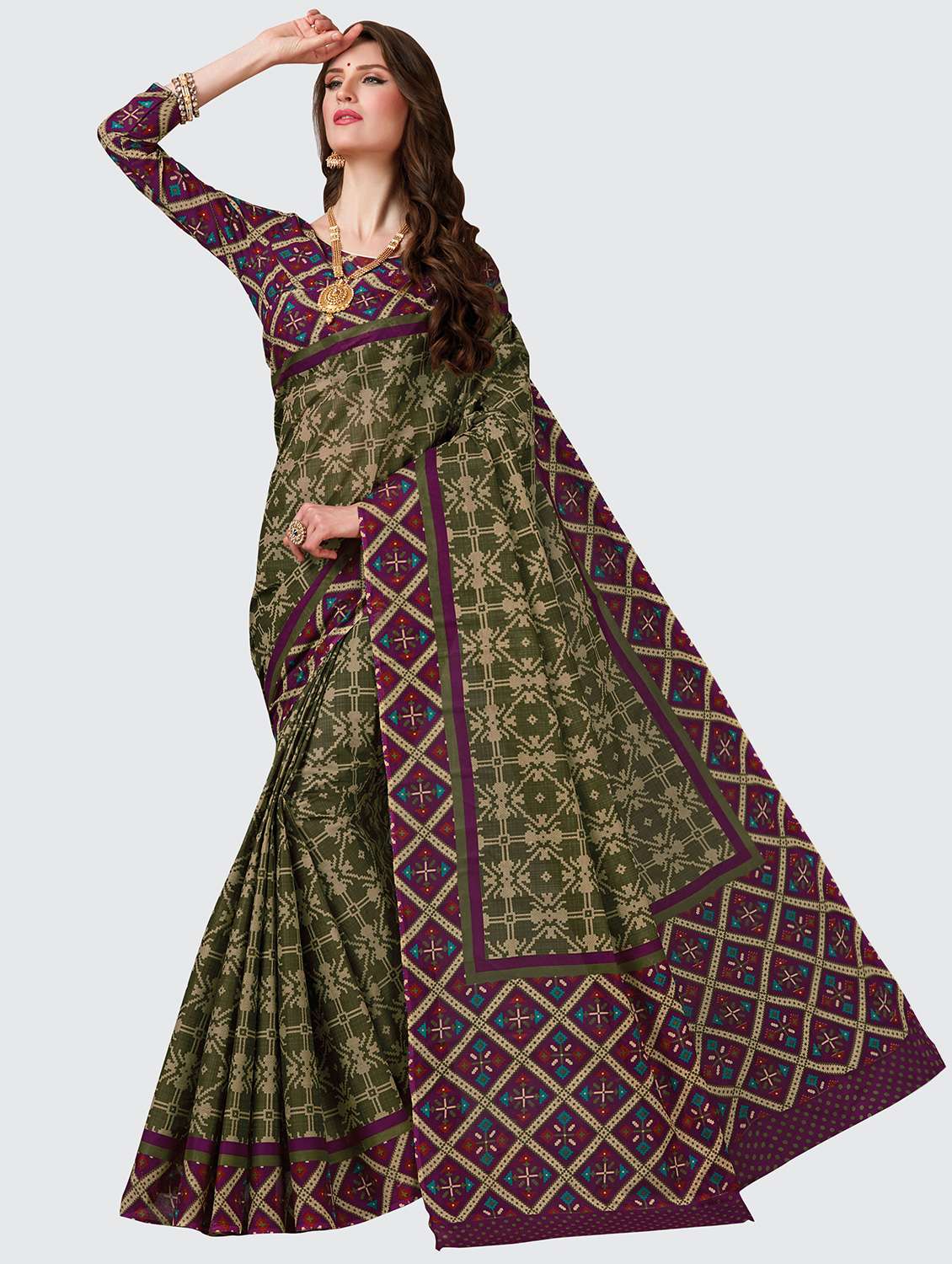 mehandi cotton printed saree with blouse - 19126610 - Zoom Image - 0