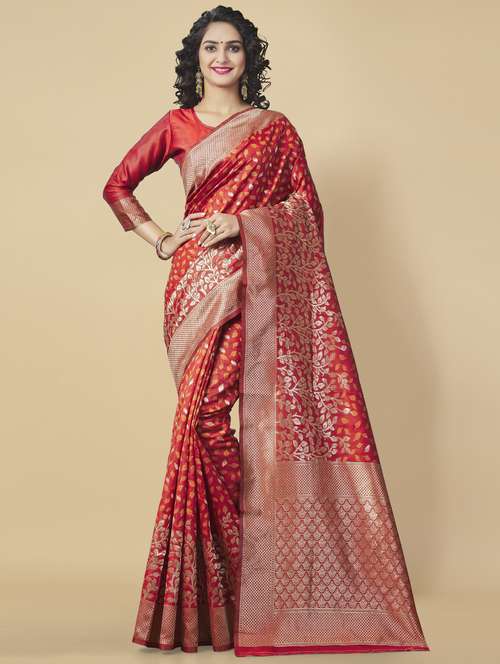 red silk blend banarasi saree - 19127400 - Standard Image - 0