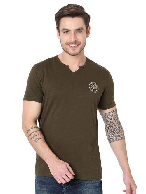 olive half sleeves slim fit t-shirt - 19127581 - Standard Image - 0