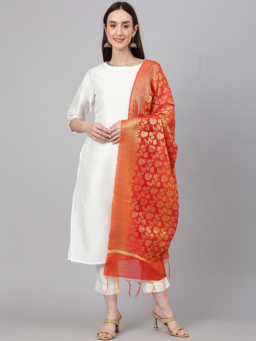 RED CRUSH KURTA SET WITH CREAM ORGANZA DUPATTA – Sewandyou