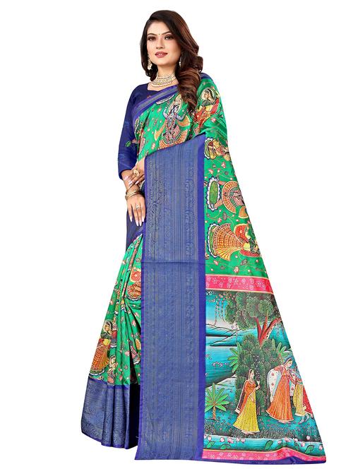 contrast bordered green printed saree with blouse - 19129170 -  Standard Image - 0