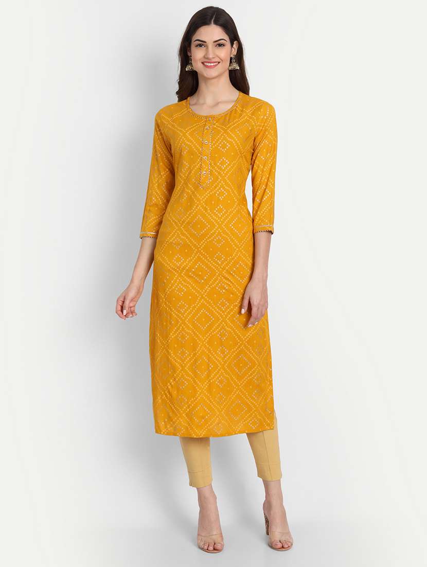 mustard printed a-line kurta - 19141821 - Zoom Image - 0