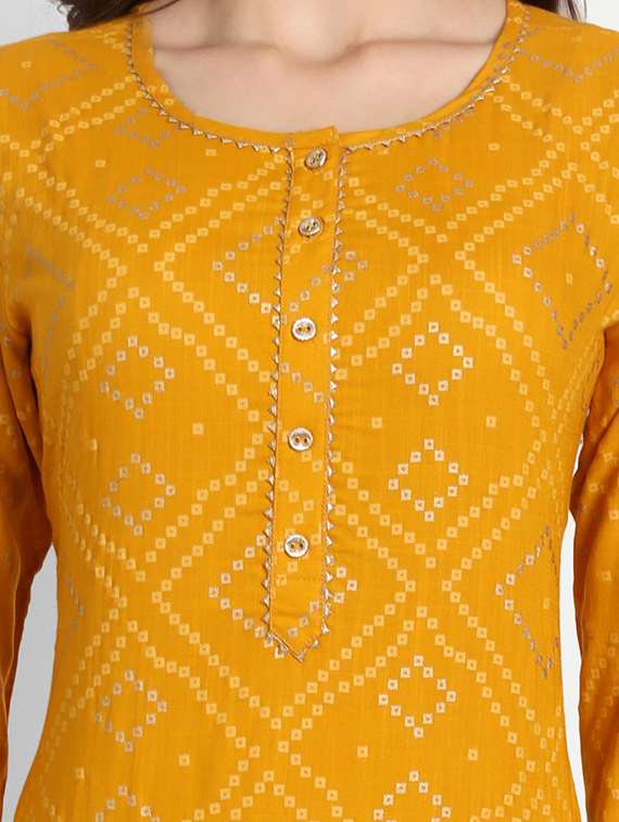 mustard printed a-line kurta - 19141821 - Standard Image - 3