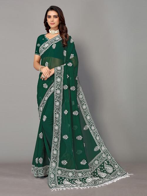 dark green georgette embroidered saree with blouse - 19142485 -  Standard Image - 0