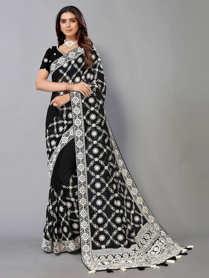 black georgette embroidered saree with blouse - 19142493 - Zoom Image - 0