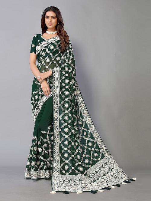 dark green georgette embroidered saree with blouse - 19142494 - Standard Image - 0