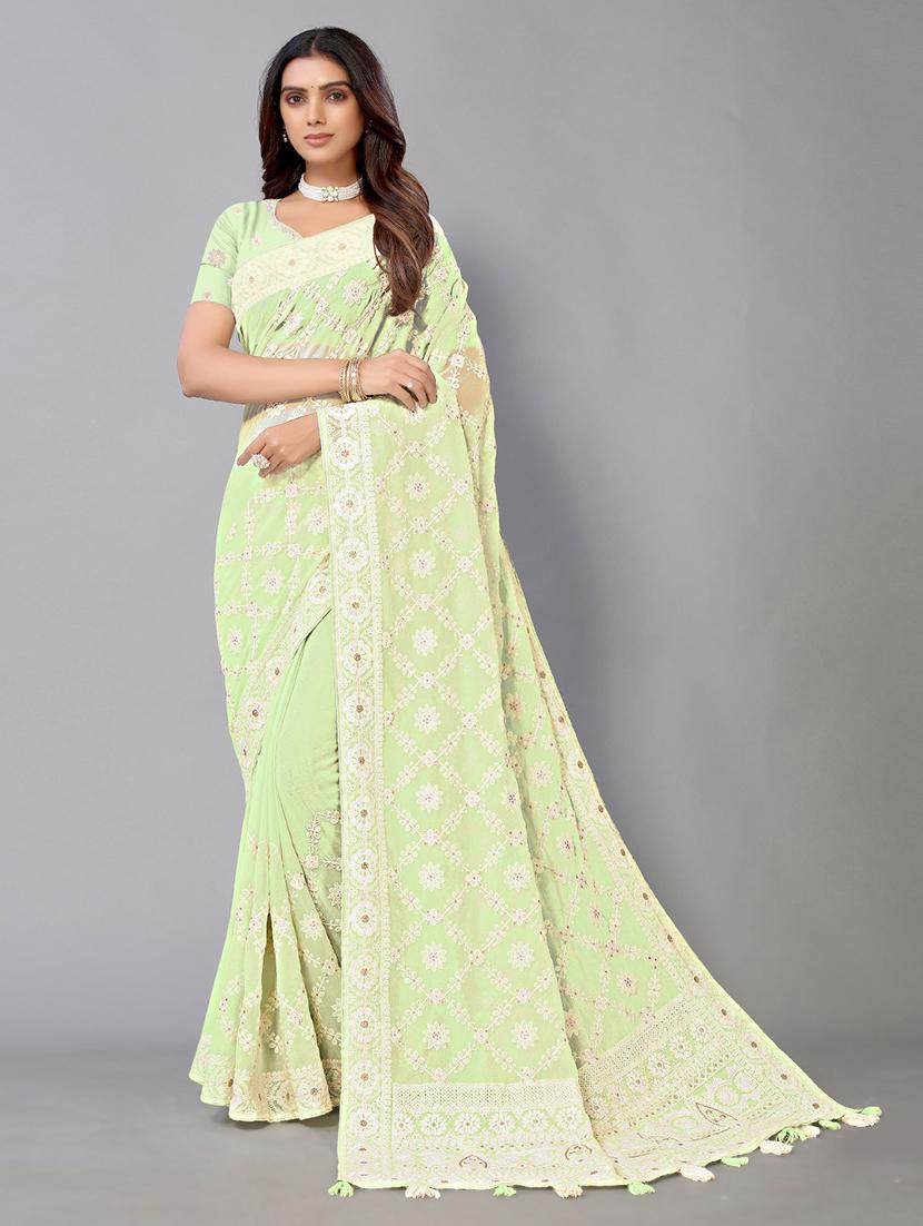 light green georgette embroidered saree with blouse - 19142495 - Zoom Image - 0