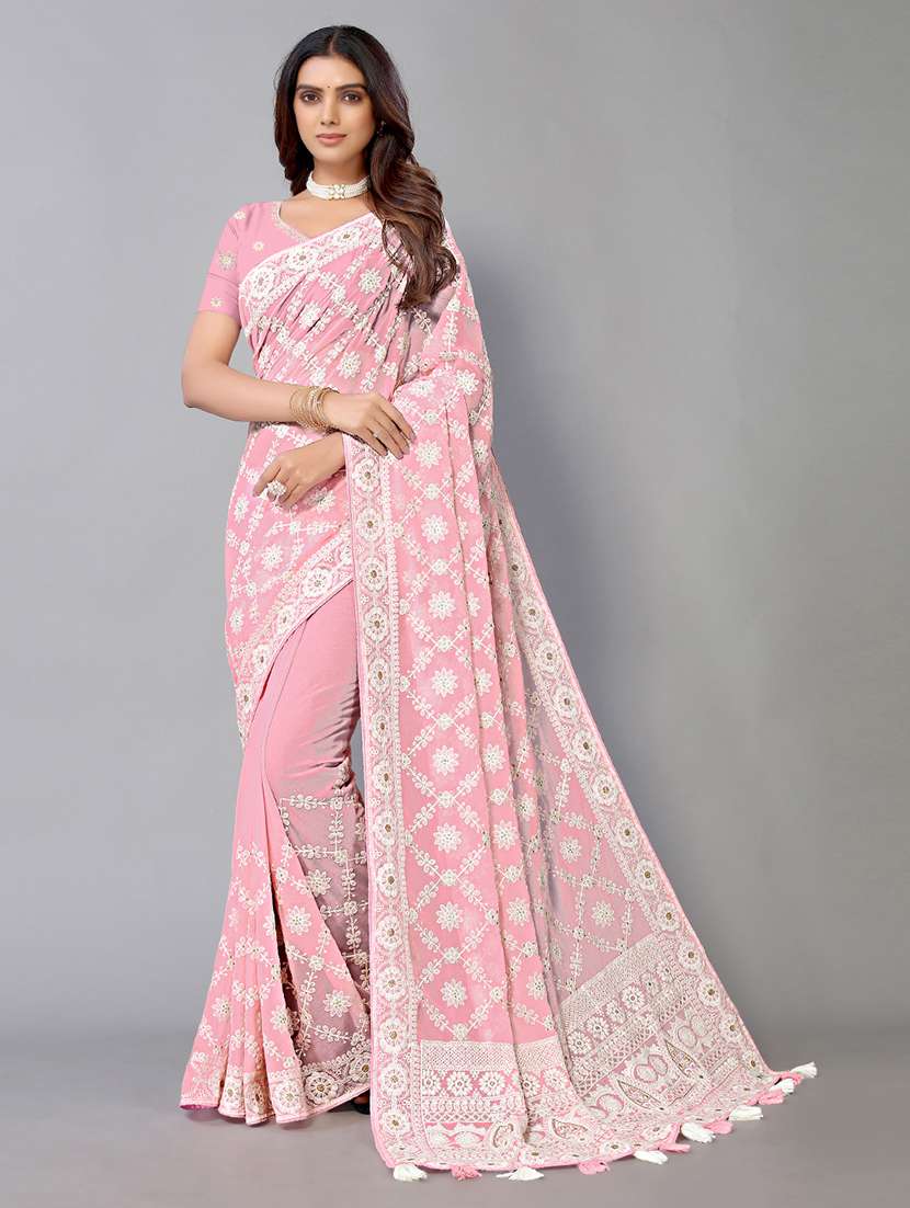 pink georgette embroidered saree with blouse - 19142498 -  Zoom Image - 0