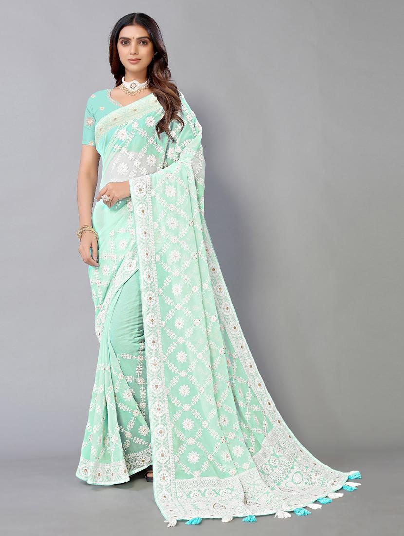 turquoise georgette embroidered saree with blouse - 19142500 - Zoom Image - 0