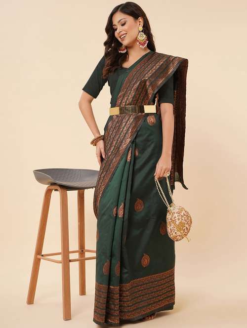 women's self design bottle green colored saree with blouse - 19143102 -  Standard Image - 0