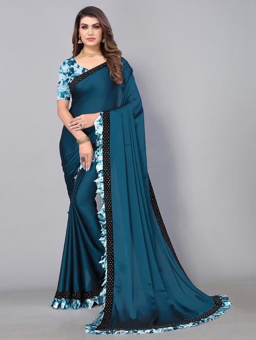 lace detailed solid bordered saree with blouse - 19143163 - Standard Image - 0