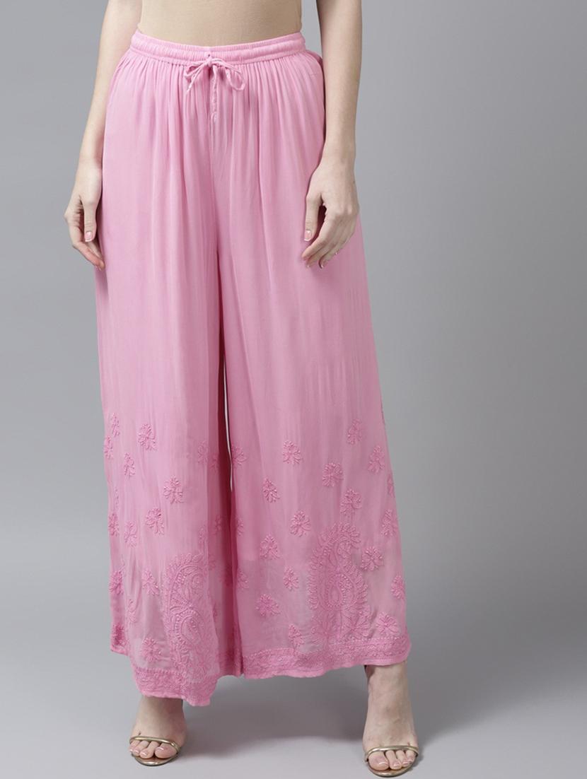 ada women's hand embroidered pink ethnic motifs embroidered flared handloom georgette palazzo - 19143173 - Zoom Image - 0